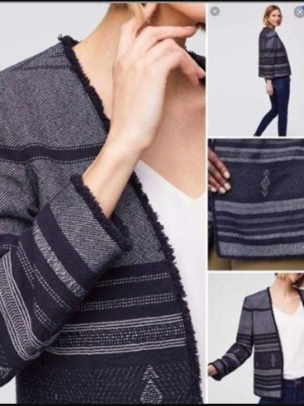 LOFT Traveler Southwestern Fringe Open Front Jacket Blazer XL NWT Dark Navy Blue